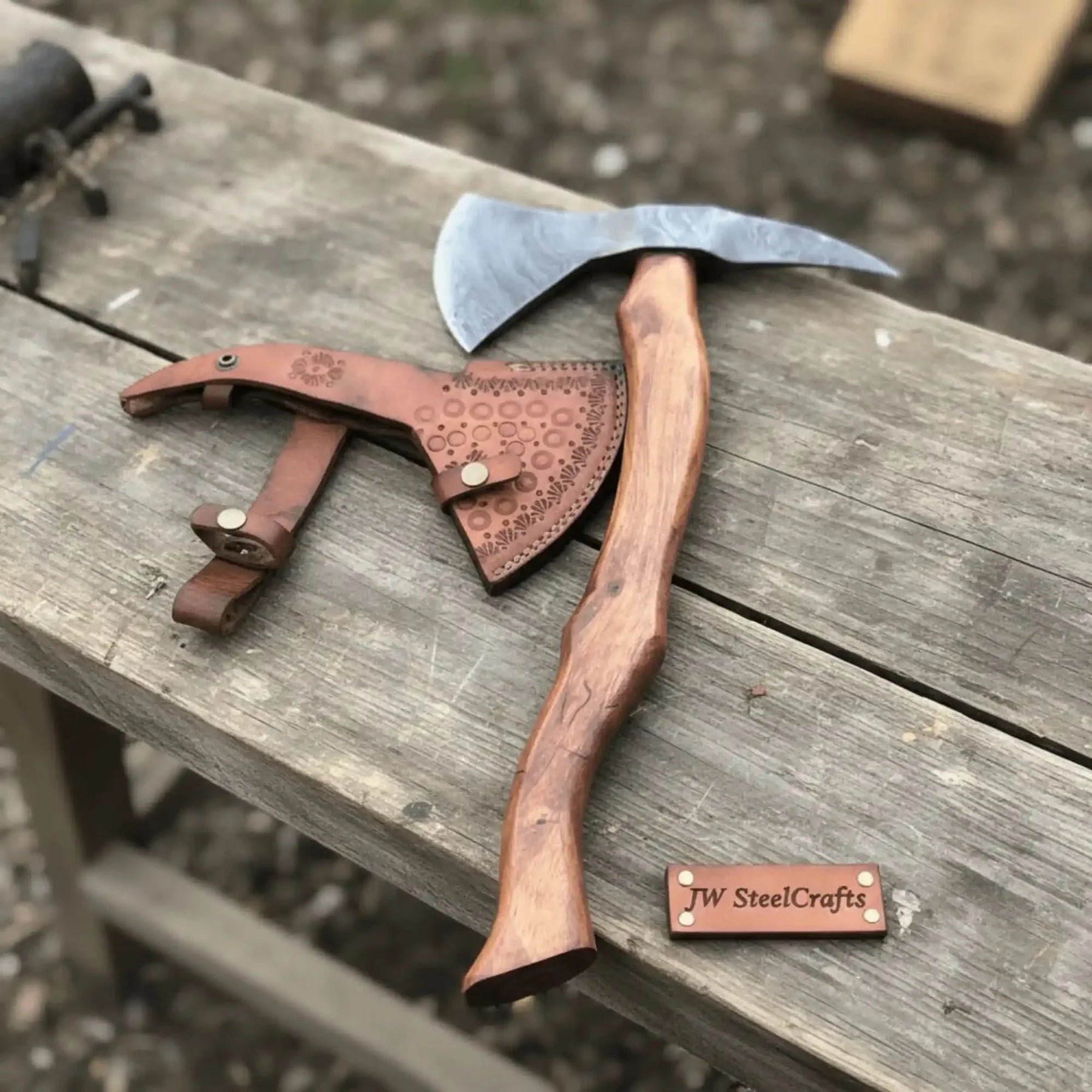 Camping Axe Damascus Steel 20 Inch Rosewood Handle with Leather Sheath by JW SteelCrafts, leather knife sheath detail photo 3