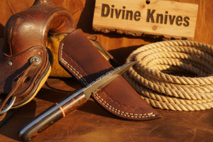 Copper Banded Two-Tone Wood Damascus Clip Point Hunting Knife detail view by Divine Knives