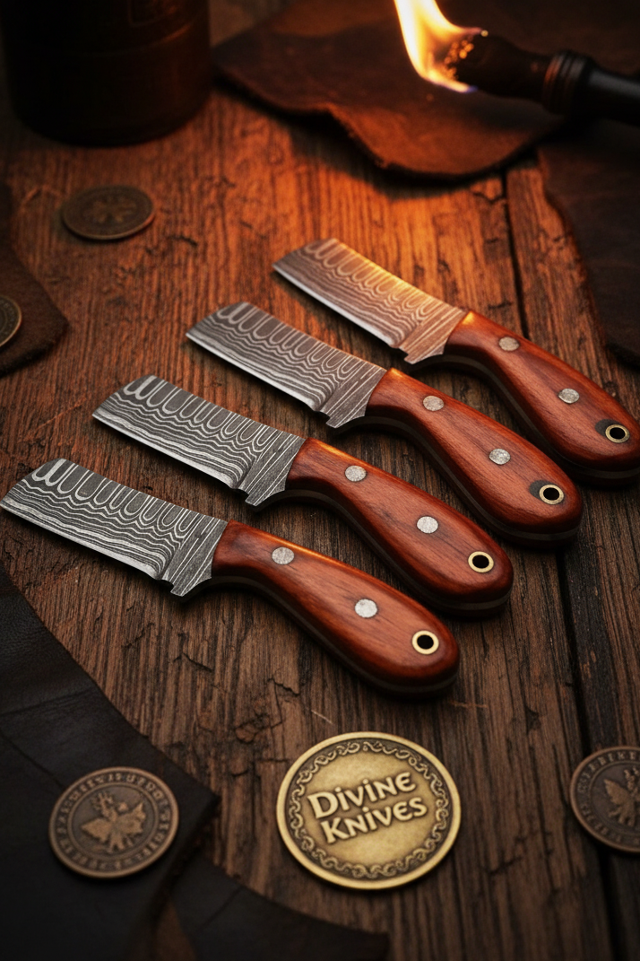 5-Piece Damascus Rosewood Mini Bull Cutter Set detail view by Divine Knives