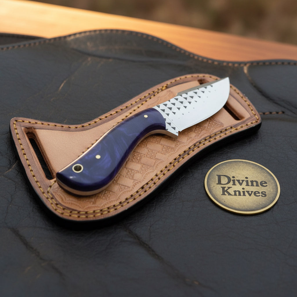 Purple Swirl Resin Rasp Cowboy Knife with product detail, view 2