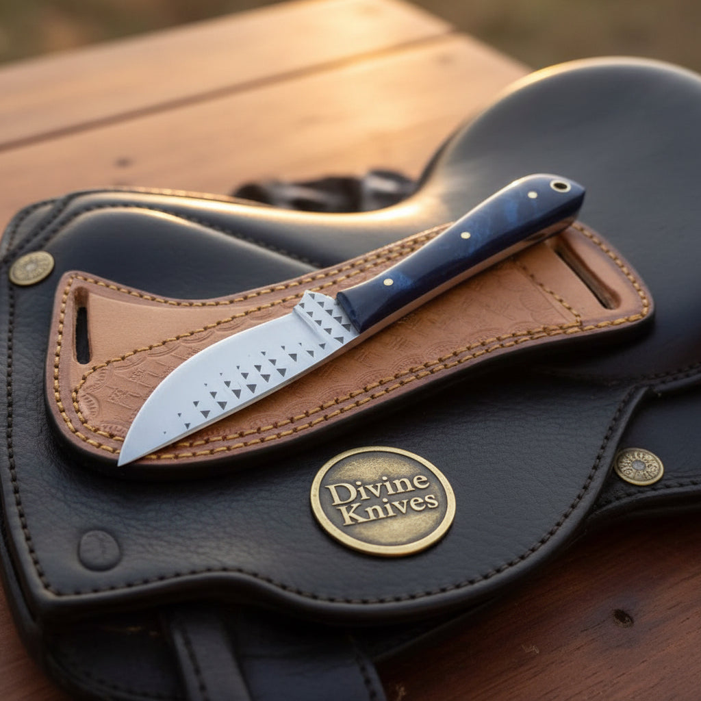 Blue Swirl Resin Rasp Cowboy Knife with product detail, view 3