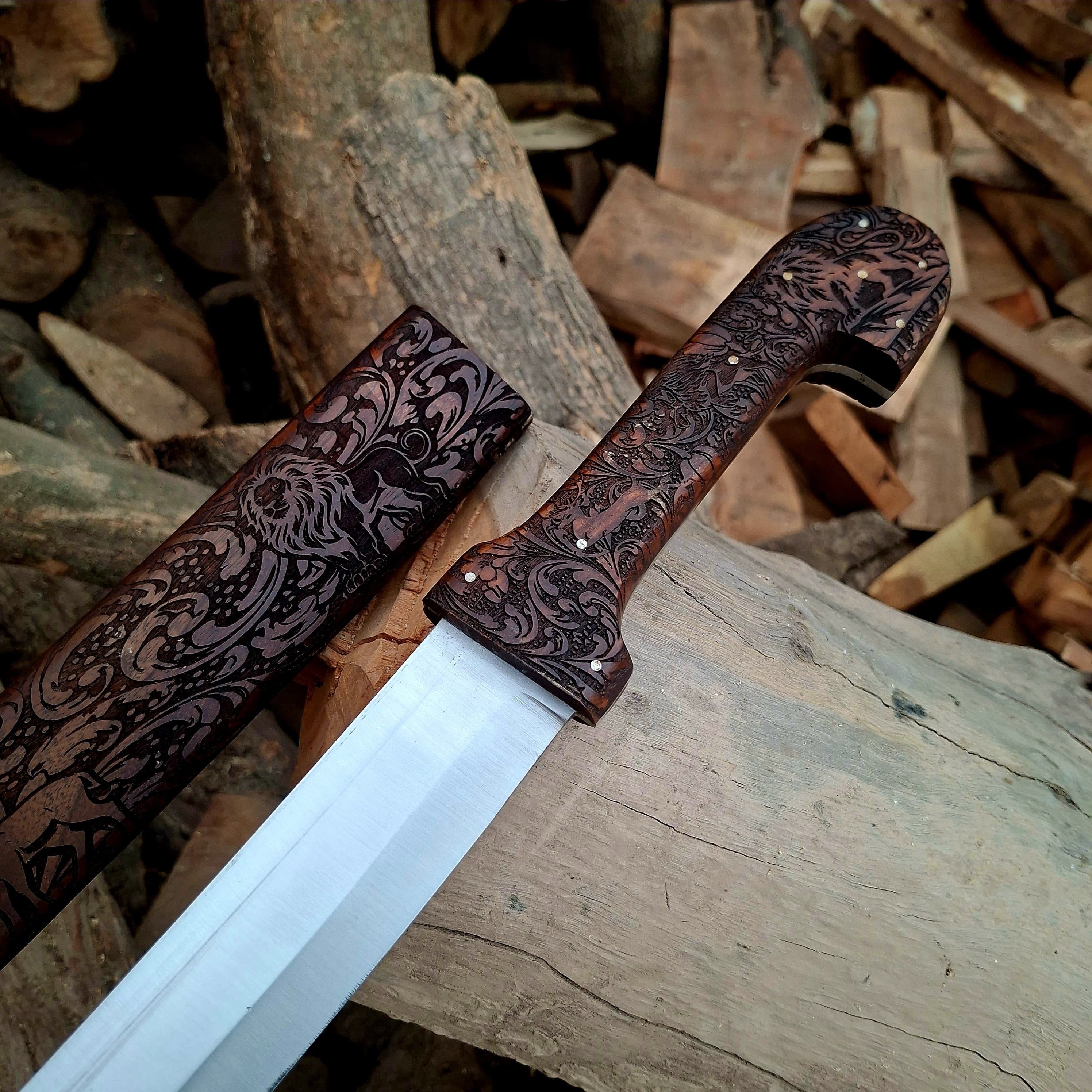Bone Handle Damascus Knife with Handcrafted Tooled Sheath detail view by Divine Knives