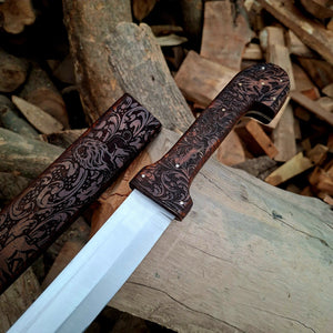Bone Handle Damascus Knife with Handcrafted Tooled Sheath detail view by Divine Knives