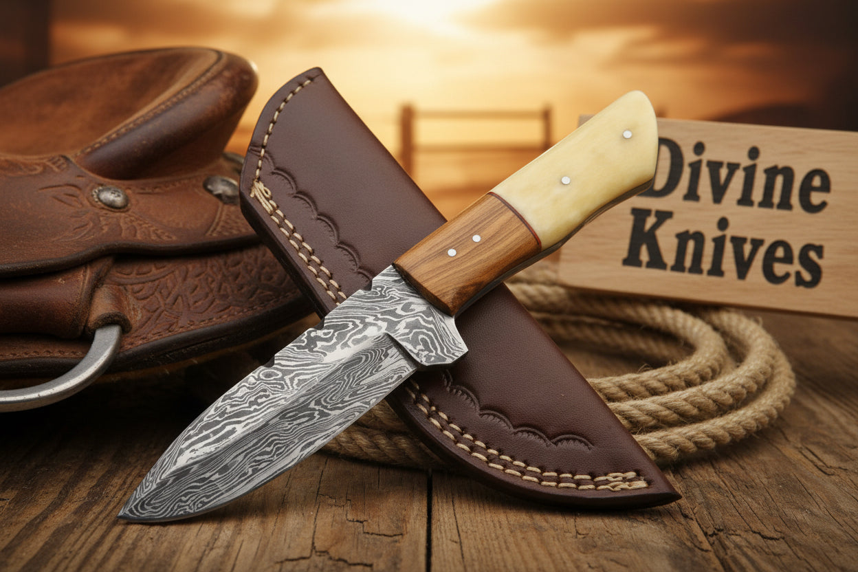 Bone and Wood Accent Damascus Knife Built for Field Dressing by Divine Knives
