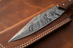 Barrel Grip Damascus Broken-Back Seax Knife with Bone and Wood Handle