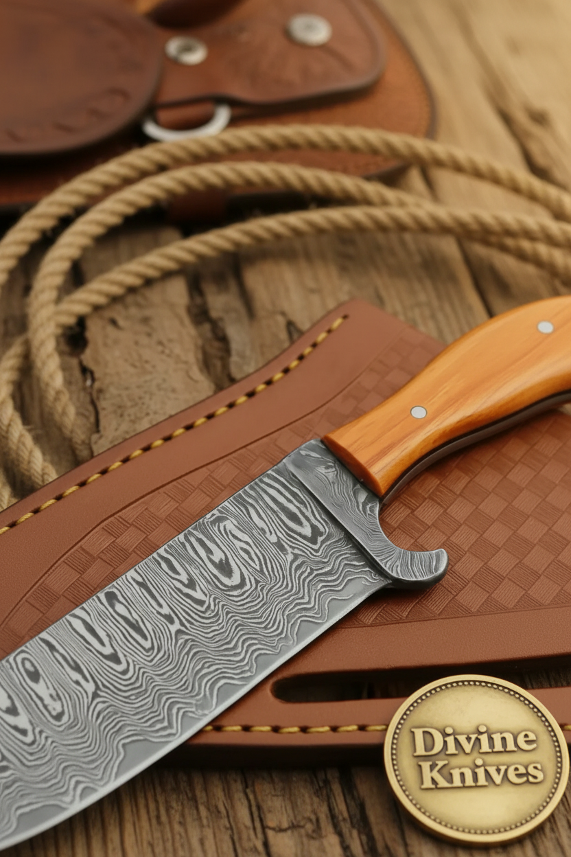Turquoise Ridge Damascus Bull Cutter with Dual Tone Wood Handle detail view by Divine Knives