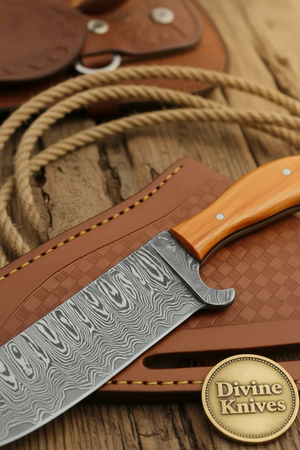 Turquoise Ridge Damascus Bull Cutter with Dual Tone Wood Handle detail view by Divine Knives