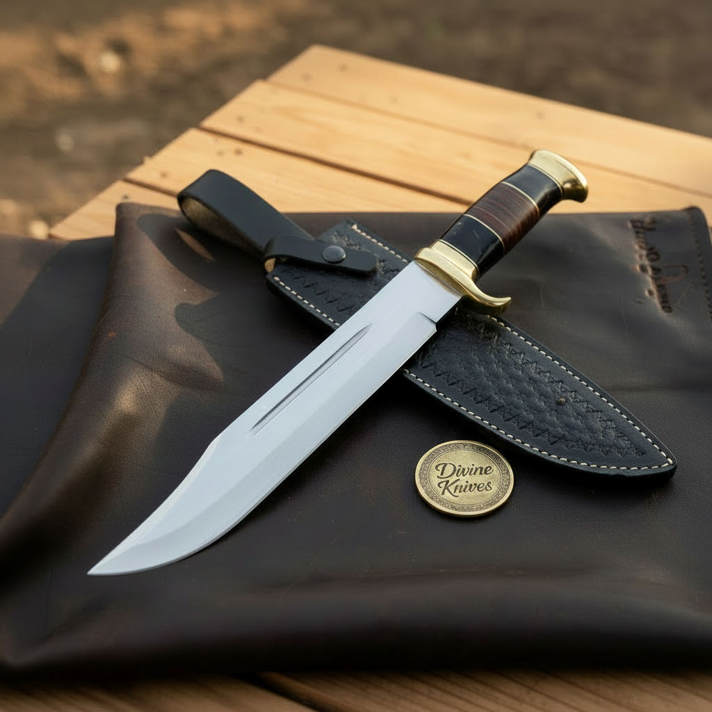 Stacked Leather Handle Bowie Knife with Fullered Mirror Blade and Black Tooled Sheath