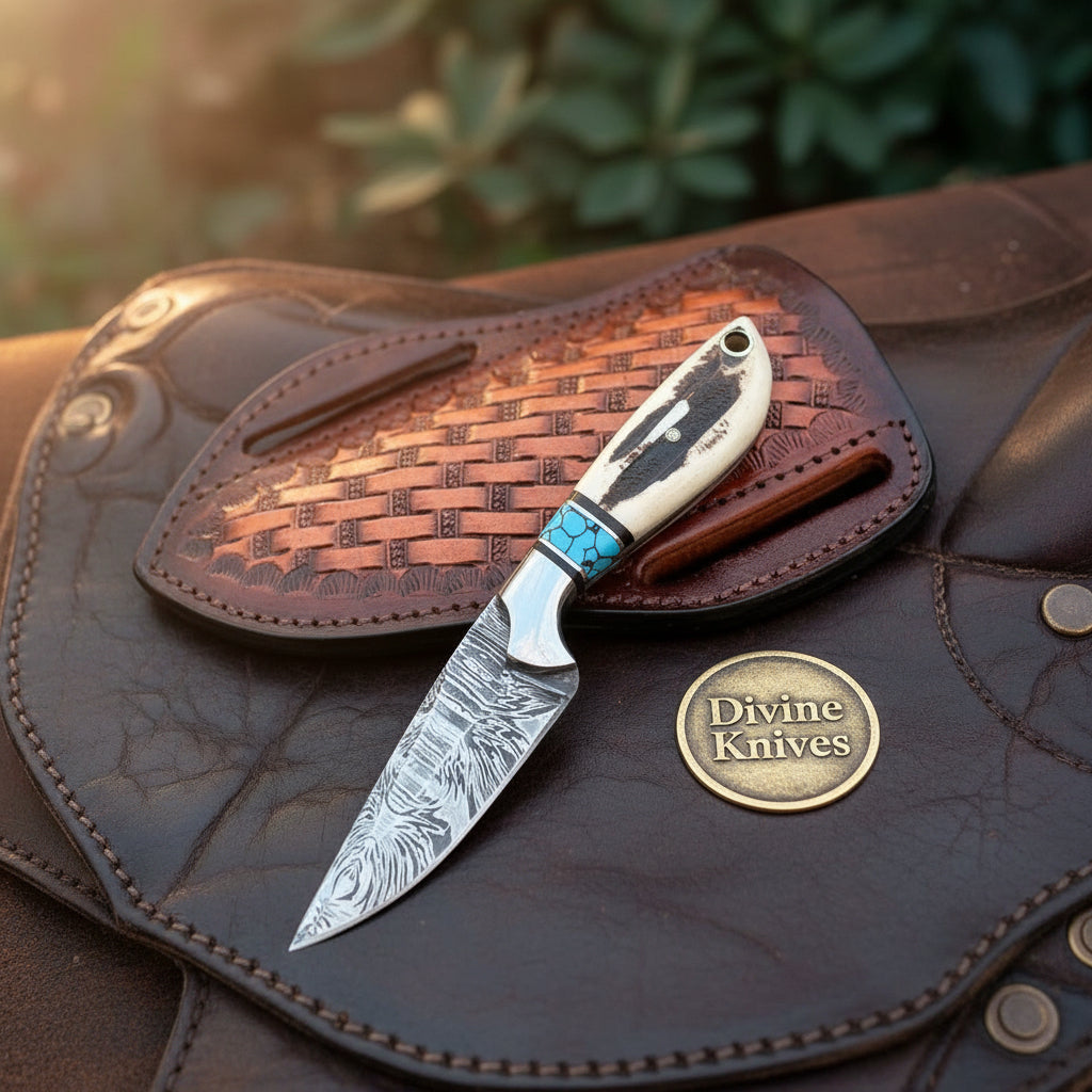 Damascus Western Cowboy Belt Knife with Bone and Turquoise Handle by Divine Knives