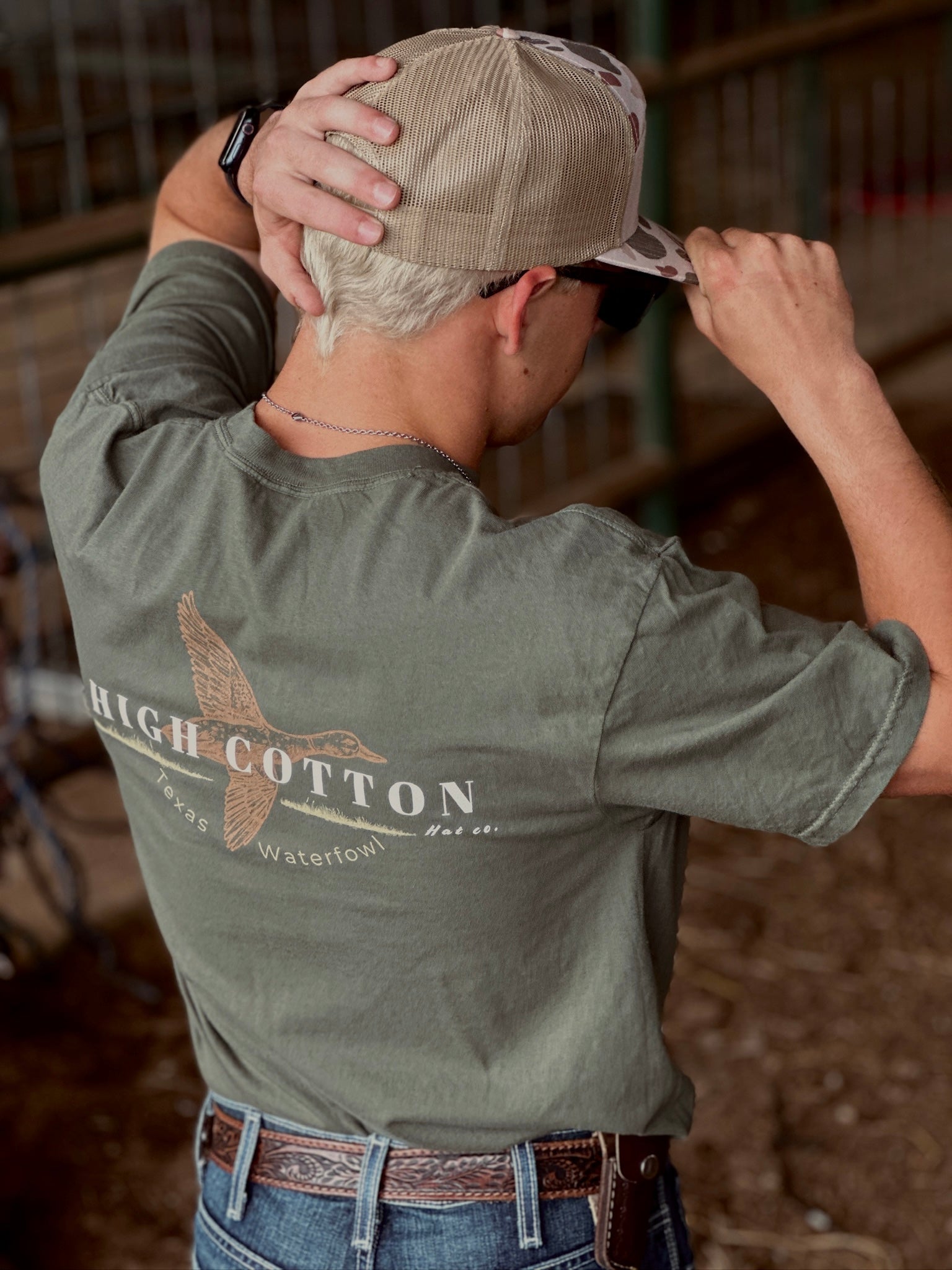 Duck Sage Green Comfort Colors Pocket Tee by High Cotton Hat Co in Texas