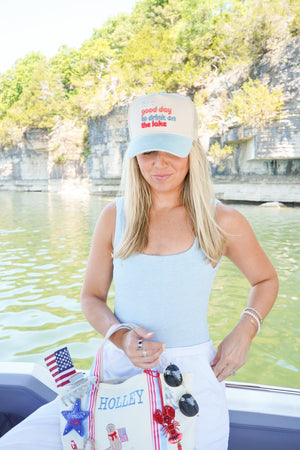 Good Day to Drink on the Lake - Baby Blue Corduroy Hat by KenzKustomz — product view 7