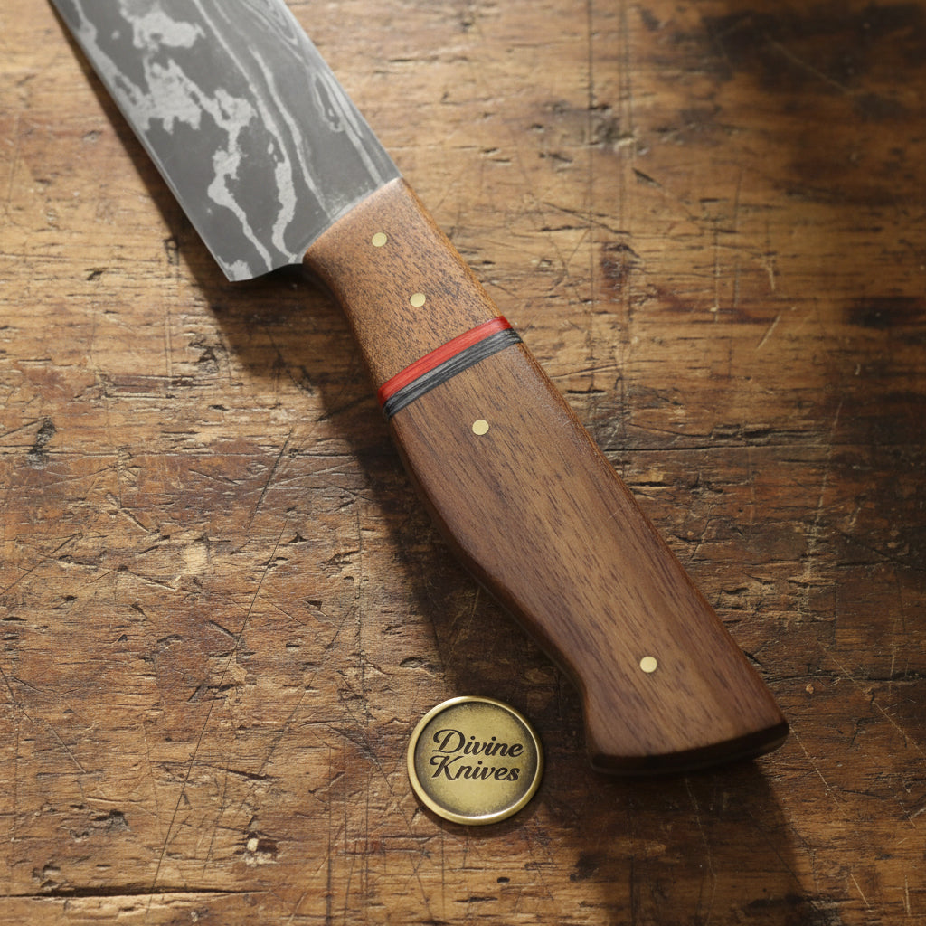 Redline Damascus Gyuto Knife with Wood Grain Blade and Red Accent Handle detail view by Divine Knives
