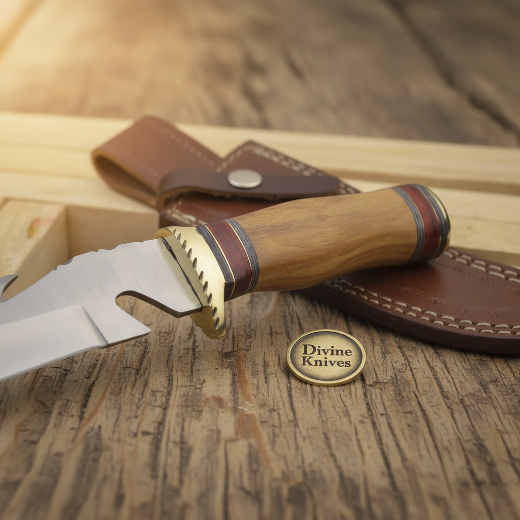 Brass Guard Damascus Gut Hook Knife with Multi Ring Wood Handle detail view by Divine Knives