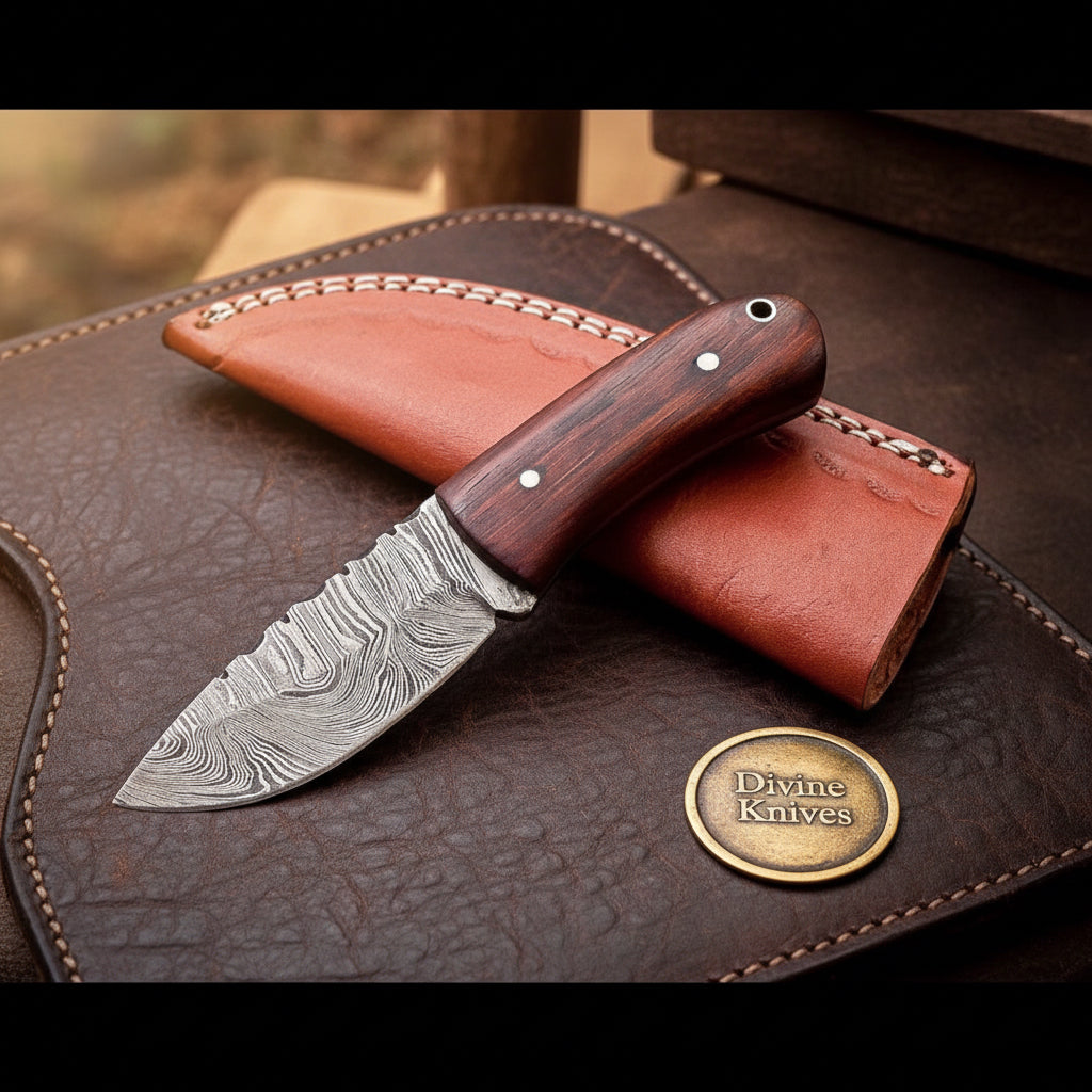 Damascus Mini Rosewood Hunter with Leather by Divine Knives
