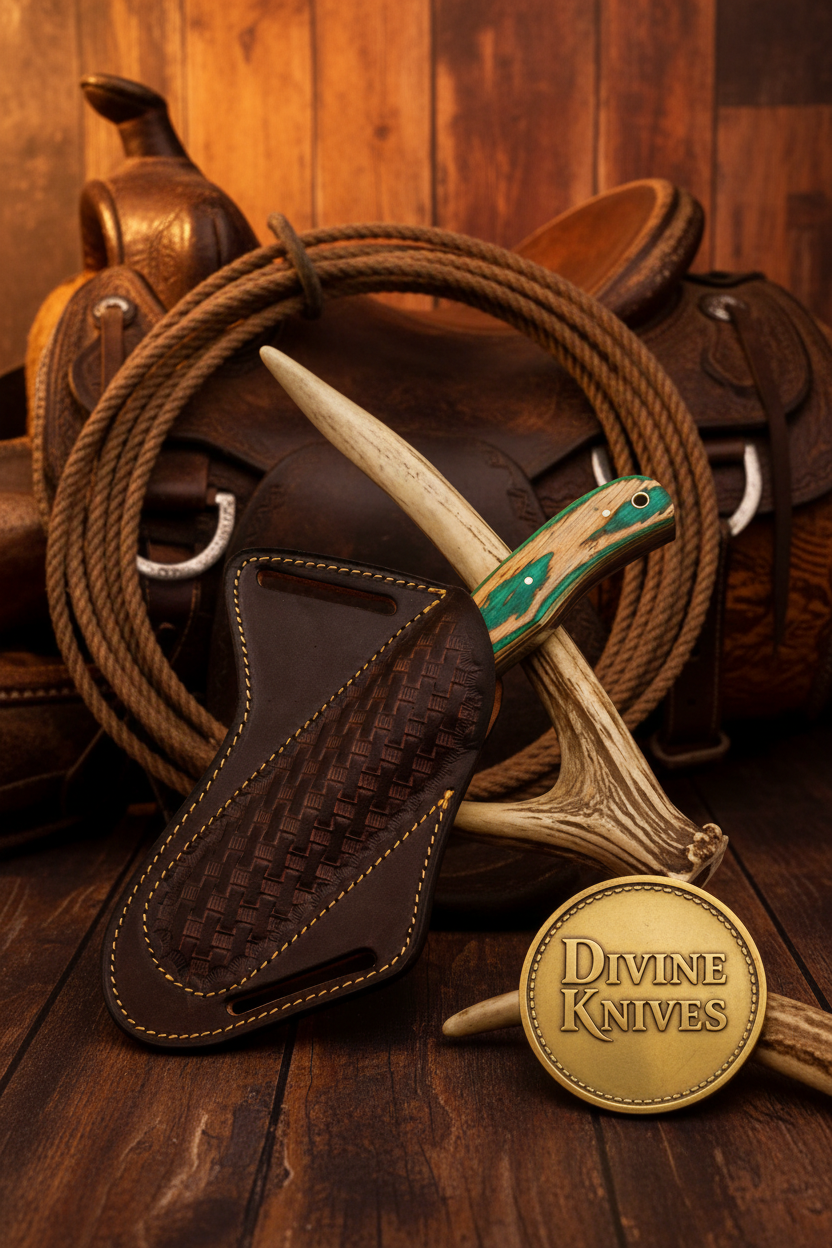 Wawona Cowboy Bull Cutter Knife with Squared Damascus Blade detail view by Divine Knives