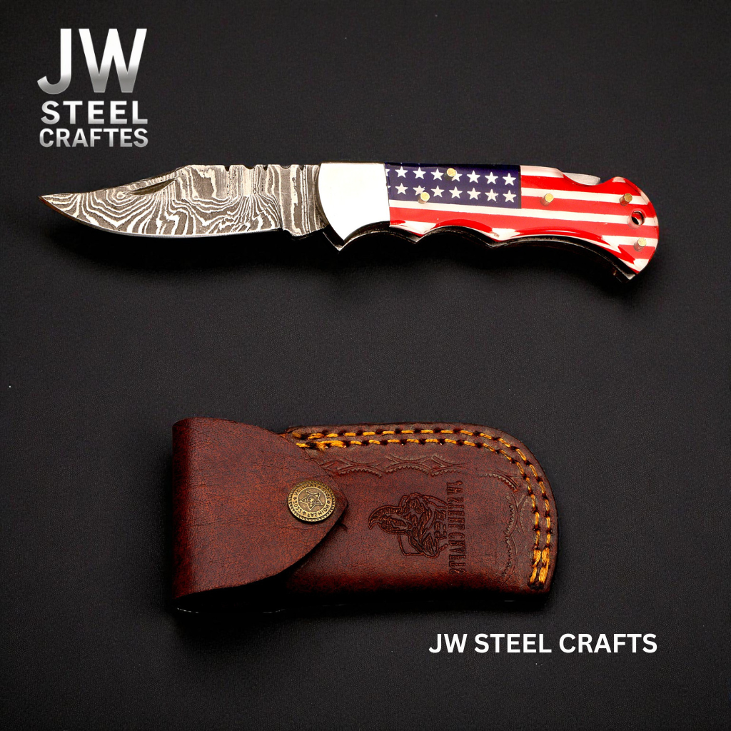 American Flag Damascus Folding Hunter with Ram Horn Handle detail view by JW SteelCrafts
