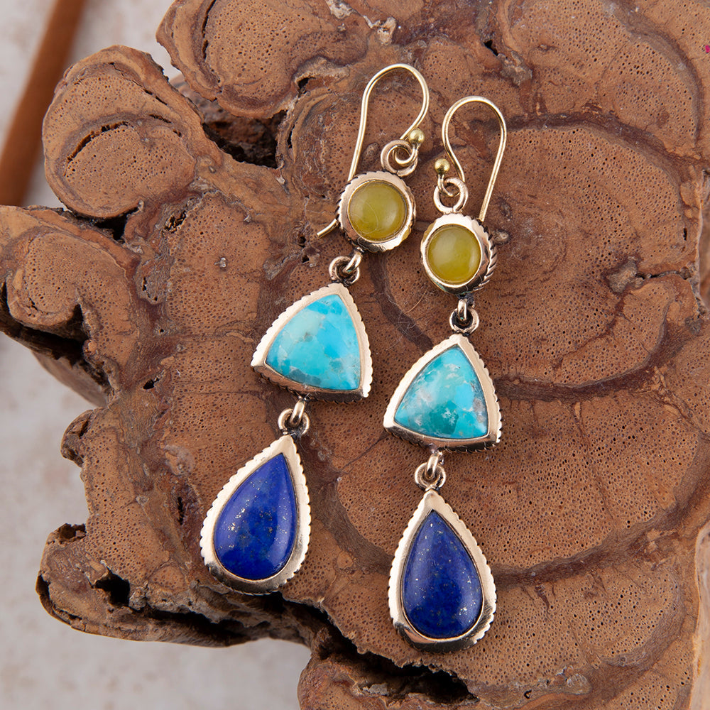 Yellow Quartz and Blue Turquoise Golden Drop Earrings detail view by Barse Jewelry