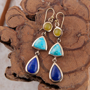 Yellow Quartz and Blue Turquoise Golden Drop Earrings detail view by Barse Jewelry