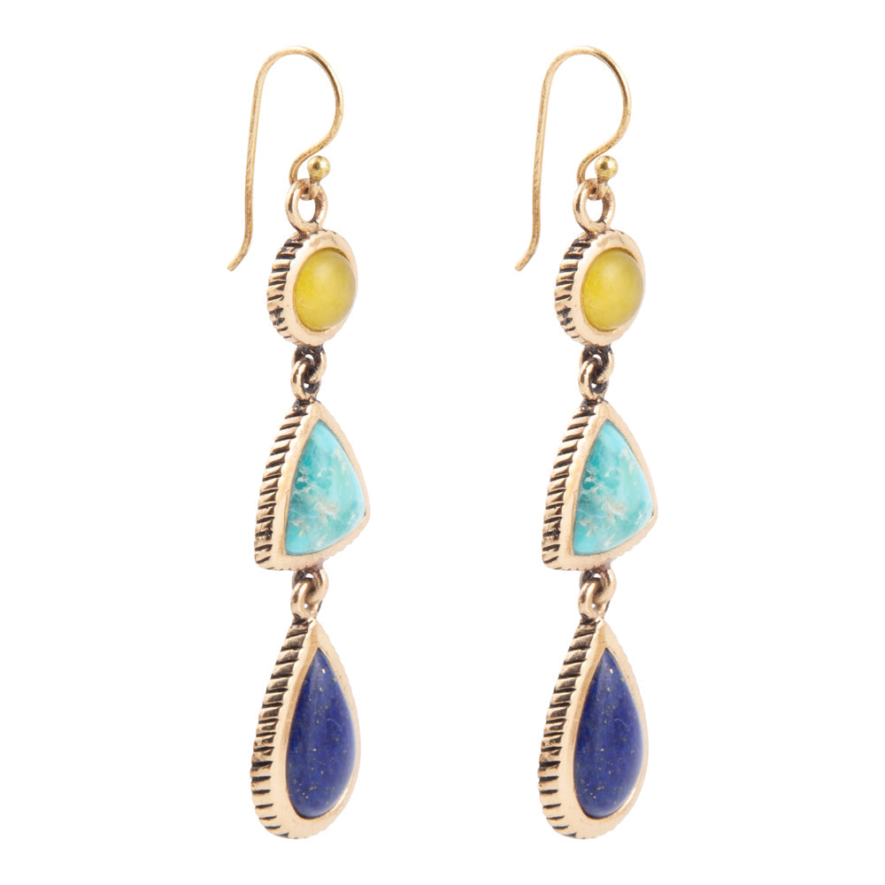 Yellow Quartz and Blue Turquoise Golden Drop Earrings detail view by Barse Jewelry