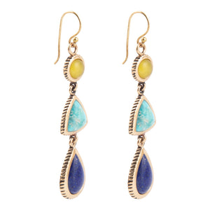 Yellow Quartz and Blue Turquoise Golden Drop Earrings detail view by Barse Jewelry