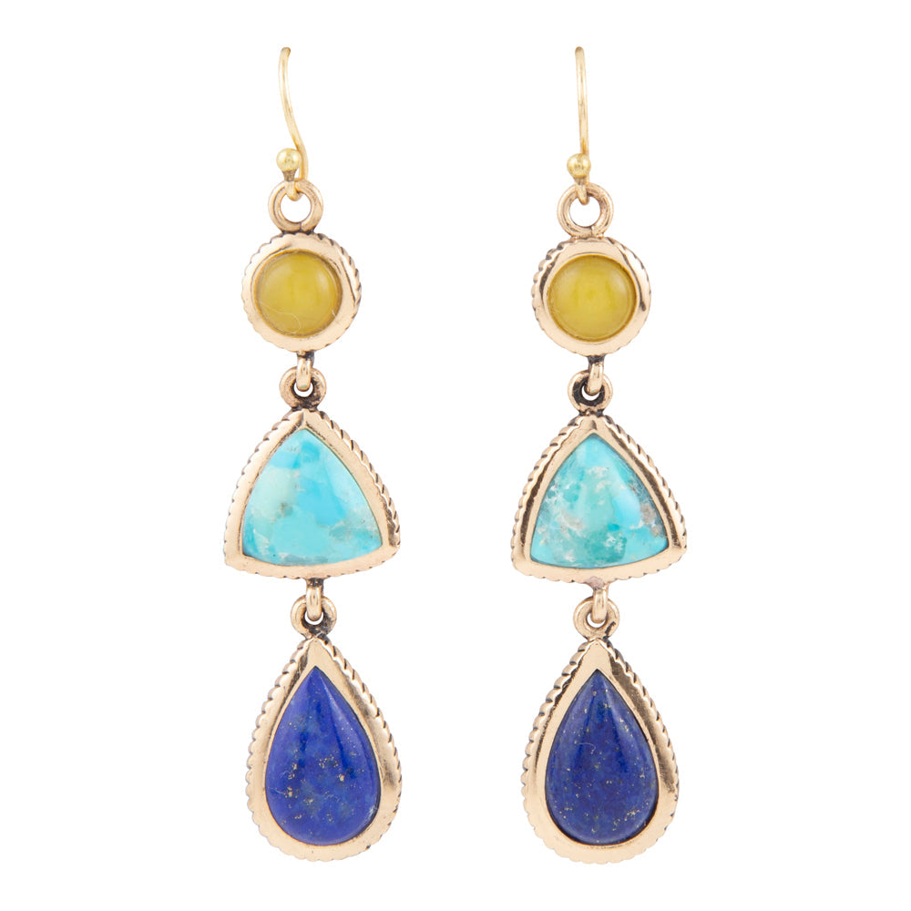 Yellow Quartz and Blue Turquoise Golden Drop Earrings by Barse Jewelry
