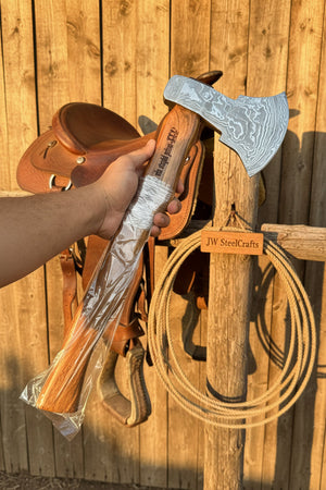 Damascus Steel Bearded Bushcraft Axe for Camping and Woodcraft detail view by JW SteelCrafts