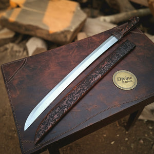 Bone Handle Damascus Knife with Handcrafted Tooled Sheath detail view by Divine Knives