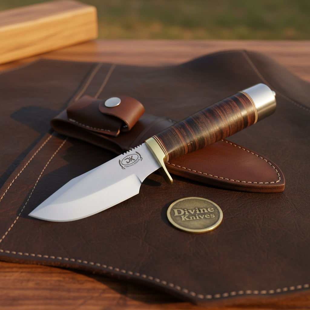 Classic Randall-Style Camp Knife with Stacked Leather Sheath