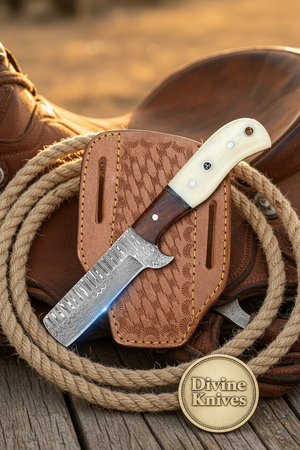 Bone and Wood Bull Cutter Knife with Wood Grain Damascus Blade detail view by Divine Knives