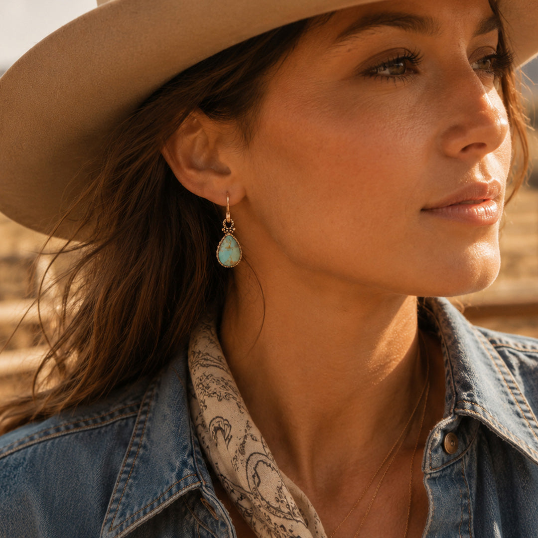 Dreamy Drop Blue Turquoise and Golden Earrings detail view by Barse Jewelry