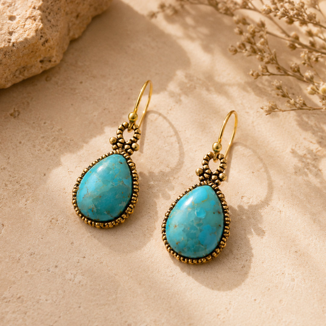 Dreamy Drop Blue Turquoise and Golden Earrings detail view by Barse Jewelry