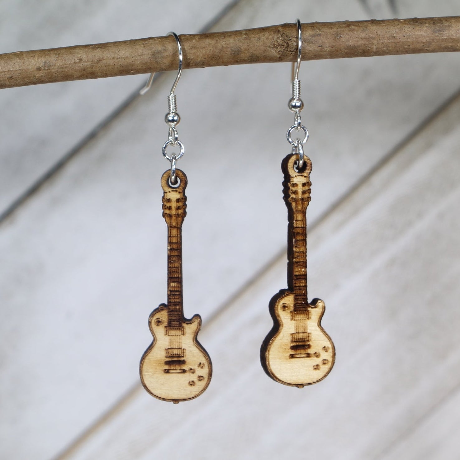 Electric Guitar Wooden Dangle Earrings | Music Jewelry detail view by Cate's Concepts, LLC