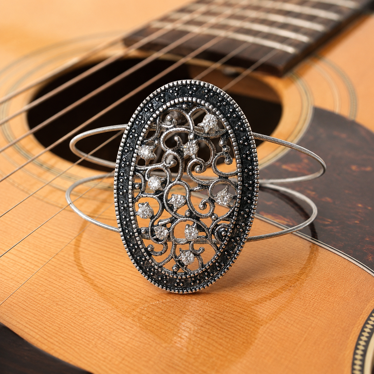 Silver Filigree Oval Guitar String Bracelet by N Harmony Jewelry, handmade jewelry main product photo