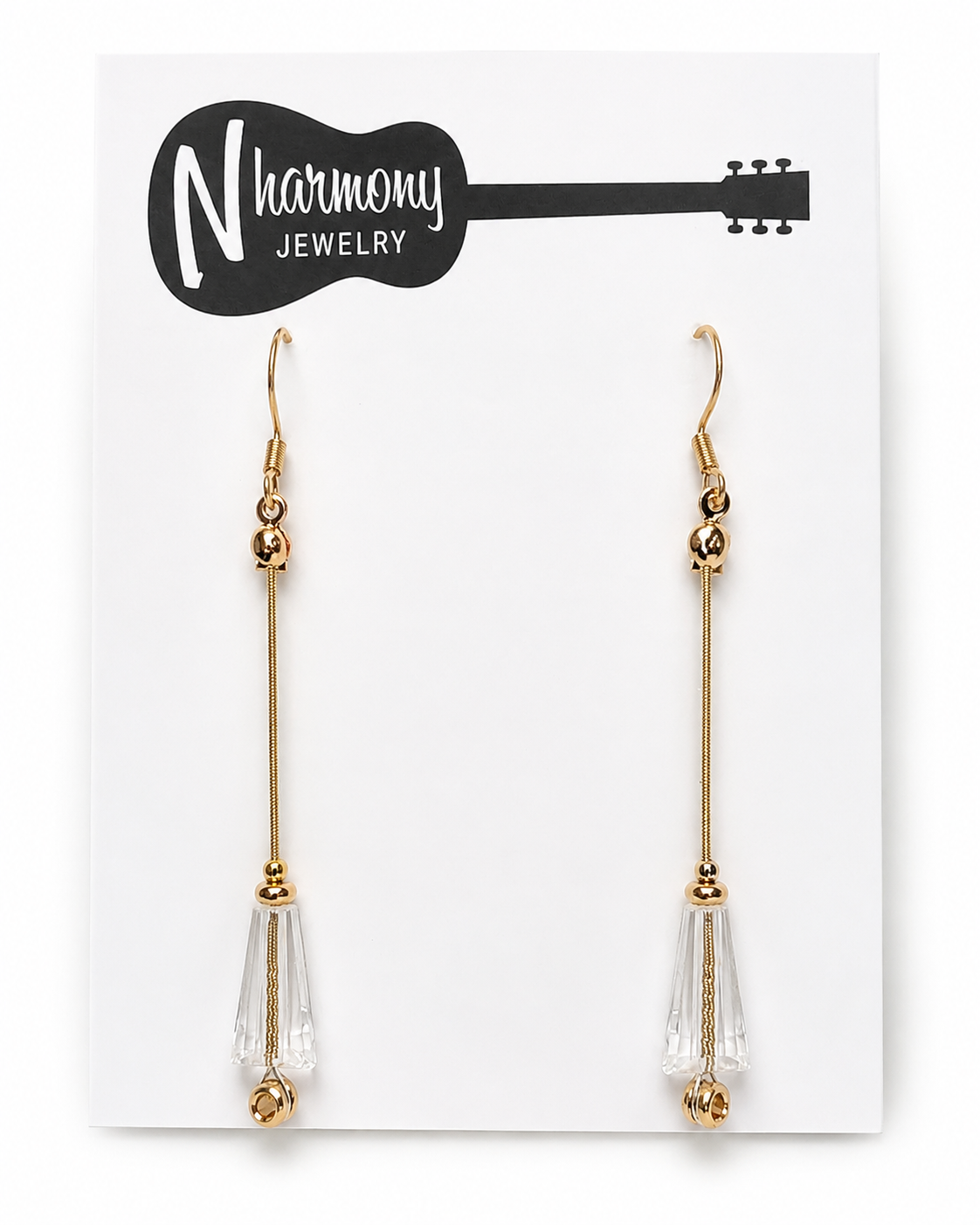Gold and Clear Crystal Guitar String Earrings by N Harmony Jewelry, handmade jewelry detail photo 3