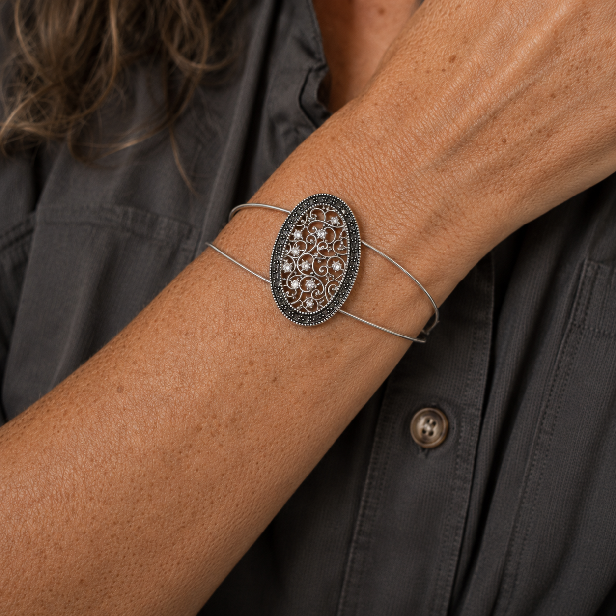 Silver Filigree Oval Guitar String Bracelet by N Harmony Jewelry, handmade jewelry detail photo 2