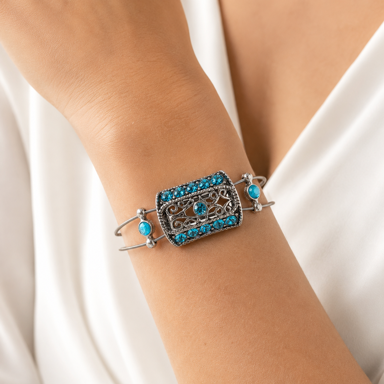 Aqua and Silver Guitar String Bracelet by N Harmony Jewelry, handmade jewelry detail photo 2