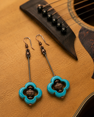 Turquoise and Brass Guitar String Earrings by N Harmony Jewelry, handmade jewelry detail photo 2
