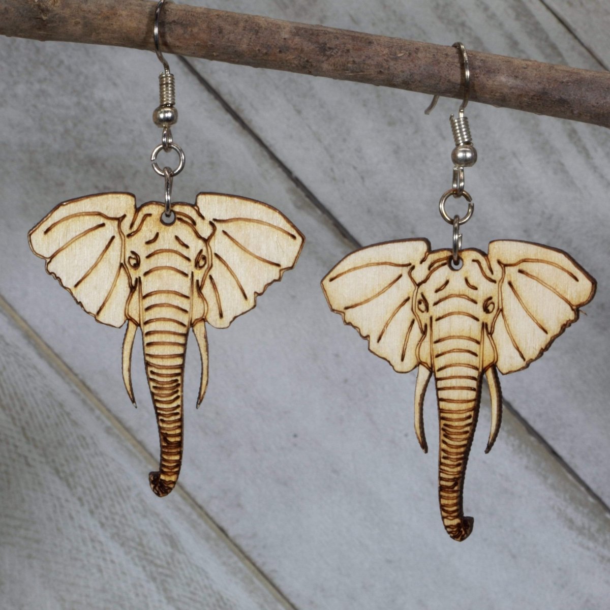Elephant Head Wooden Dangle Earrings | Animal Jewelry detail view by Cate's Concepts, LLC