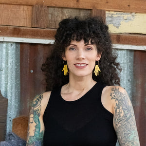 Additional view of Tarot Hand Hoop Earrings hand painted on lightweight wood by LE CHIC MIAMI