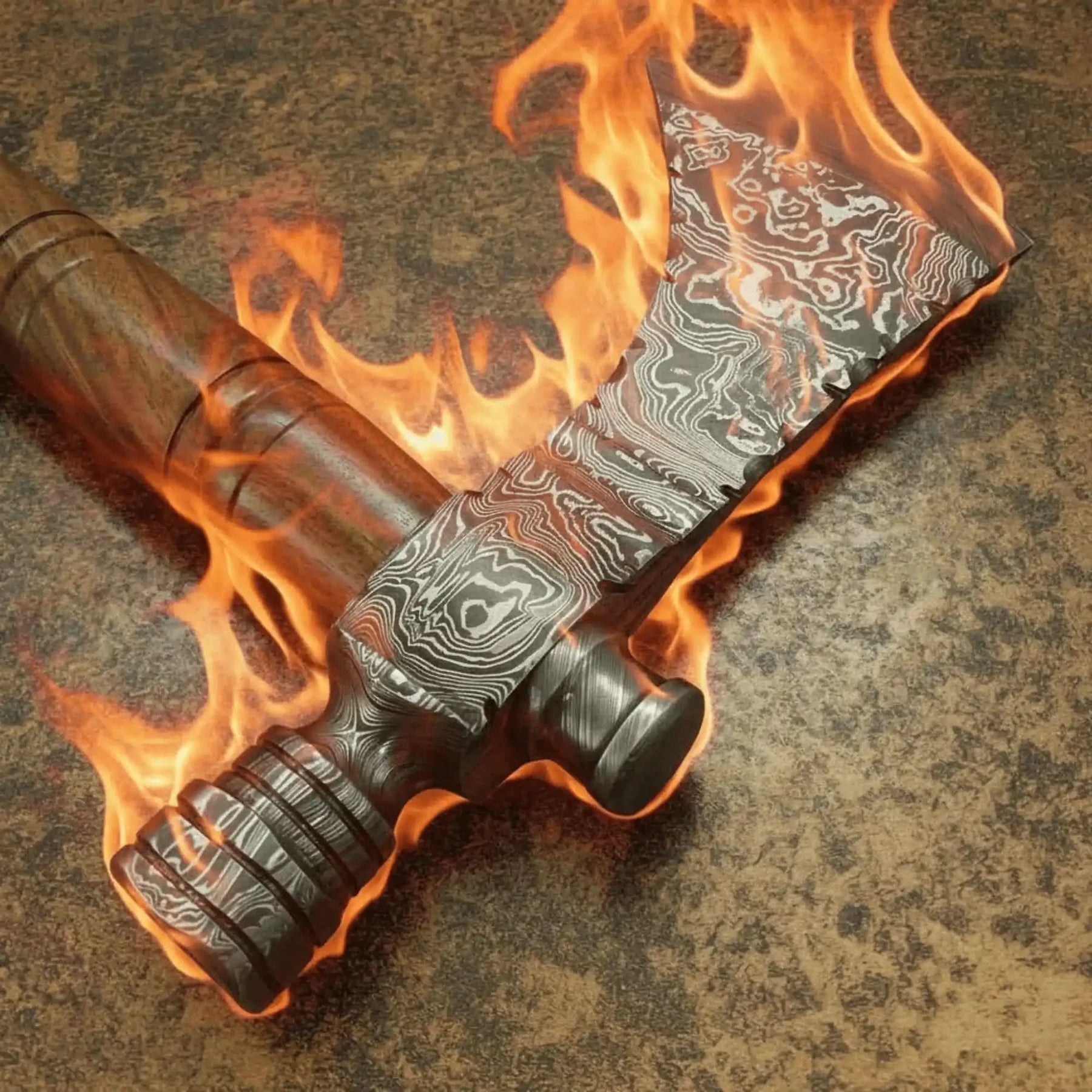 Damascus Smoking Axe Straight Handle 19 Inch detail view by JW SteelCrafts