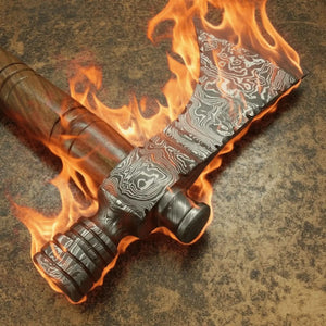 Damascus Smoking Axe Straight Handle 19 Inch detail view by JW SteelCrafts