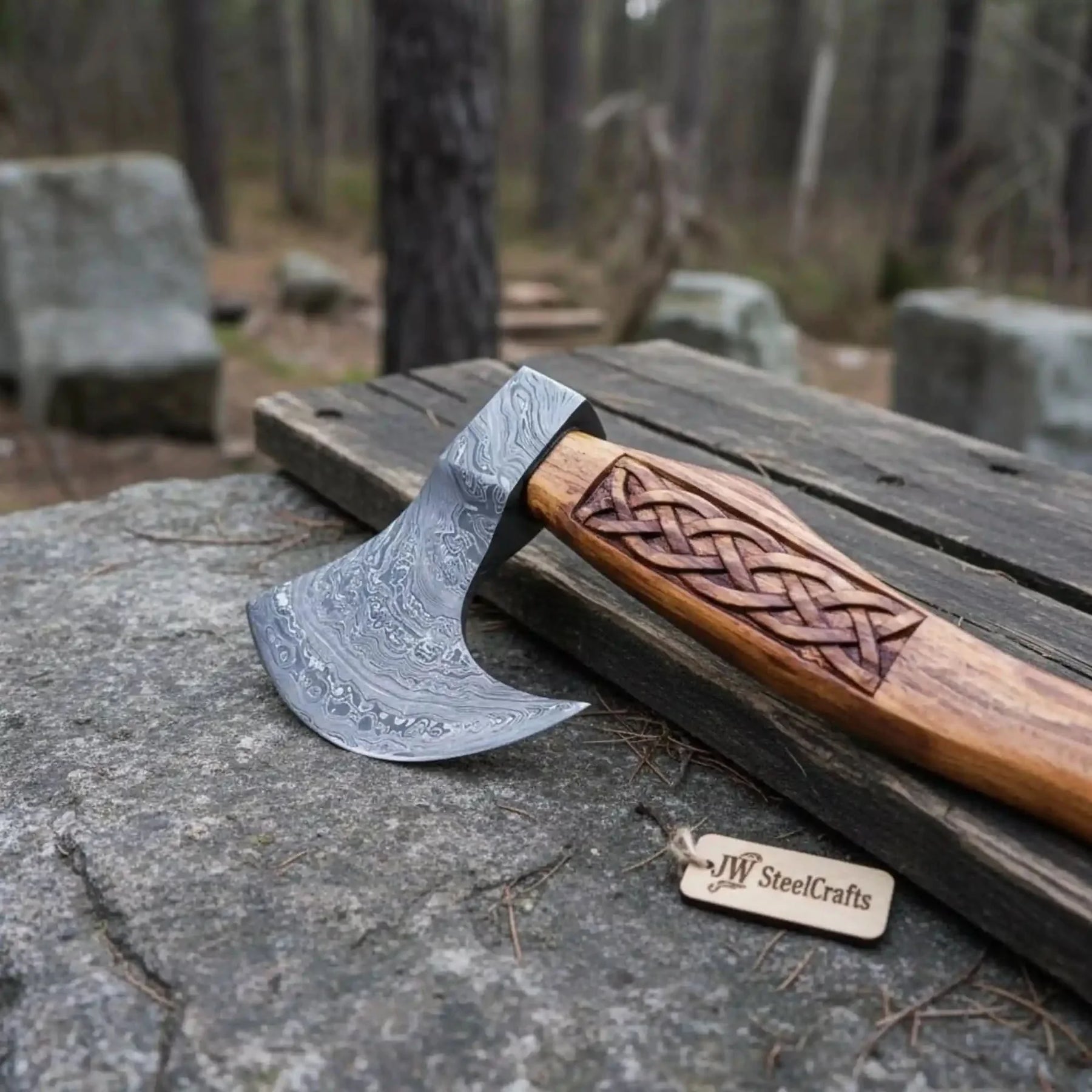 Hand Forged Damascus Bearded Viking Axe, Carved Rosewood Handle Nordic Bushcraft Hatchet | JW SteelCrafts by JW SteelCrafts, Southern lifestyle apparel detail photo 3