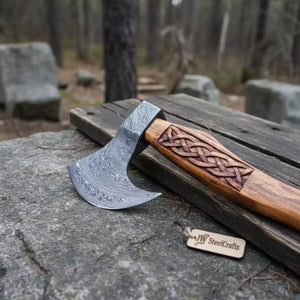 Hand Forged Damascus Bearded Viking Axe, Carved Rosewood Handle Nordic Bushcraft Hatchet | JW SteelCrafts by JW SteelCrafts, Southern lifestyle apparel detail photo 3