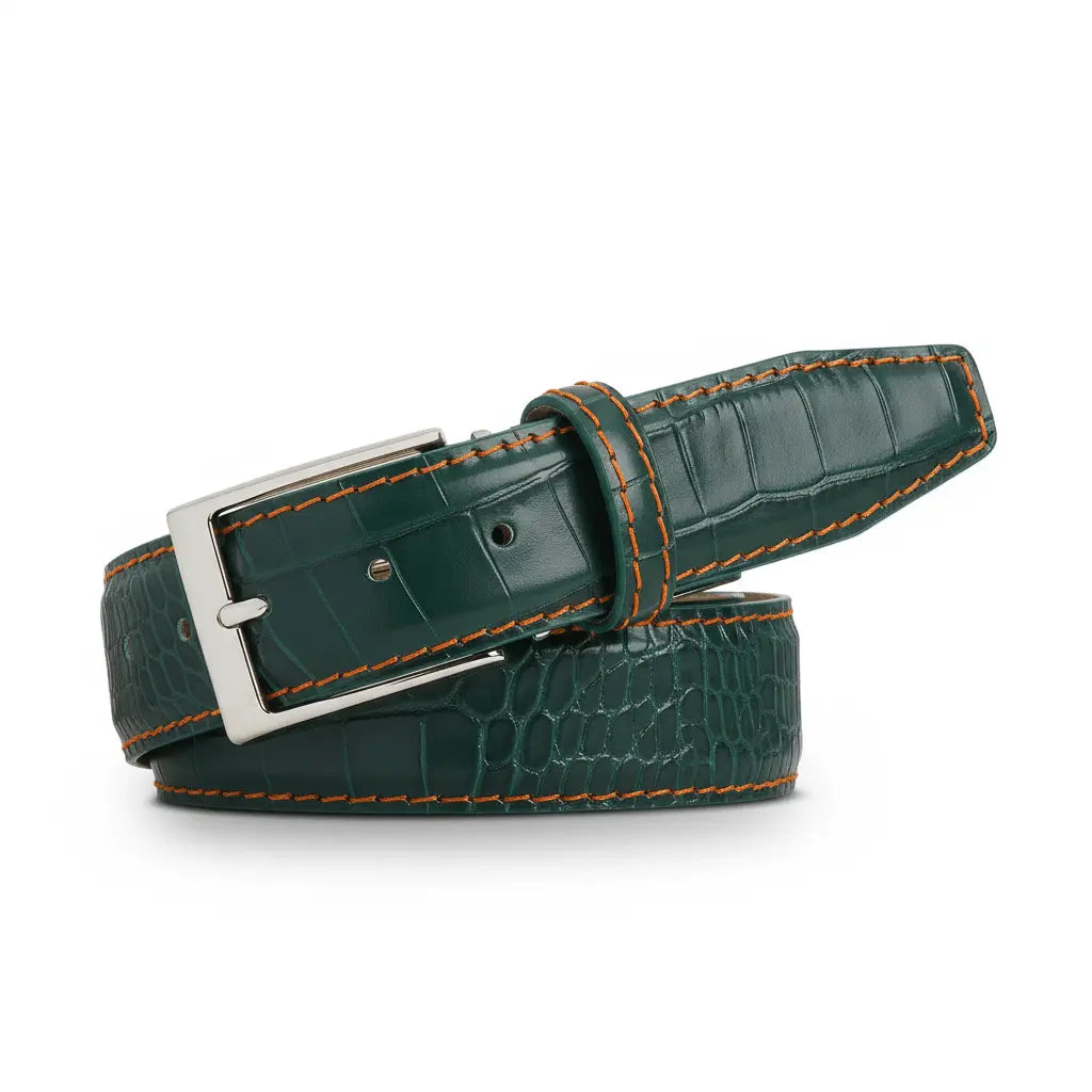 Emerald Mock Croc Leather Belt by Roger Ximenez: Bespoke Belts and Leather Accessories, handmade leather goods main product photo