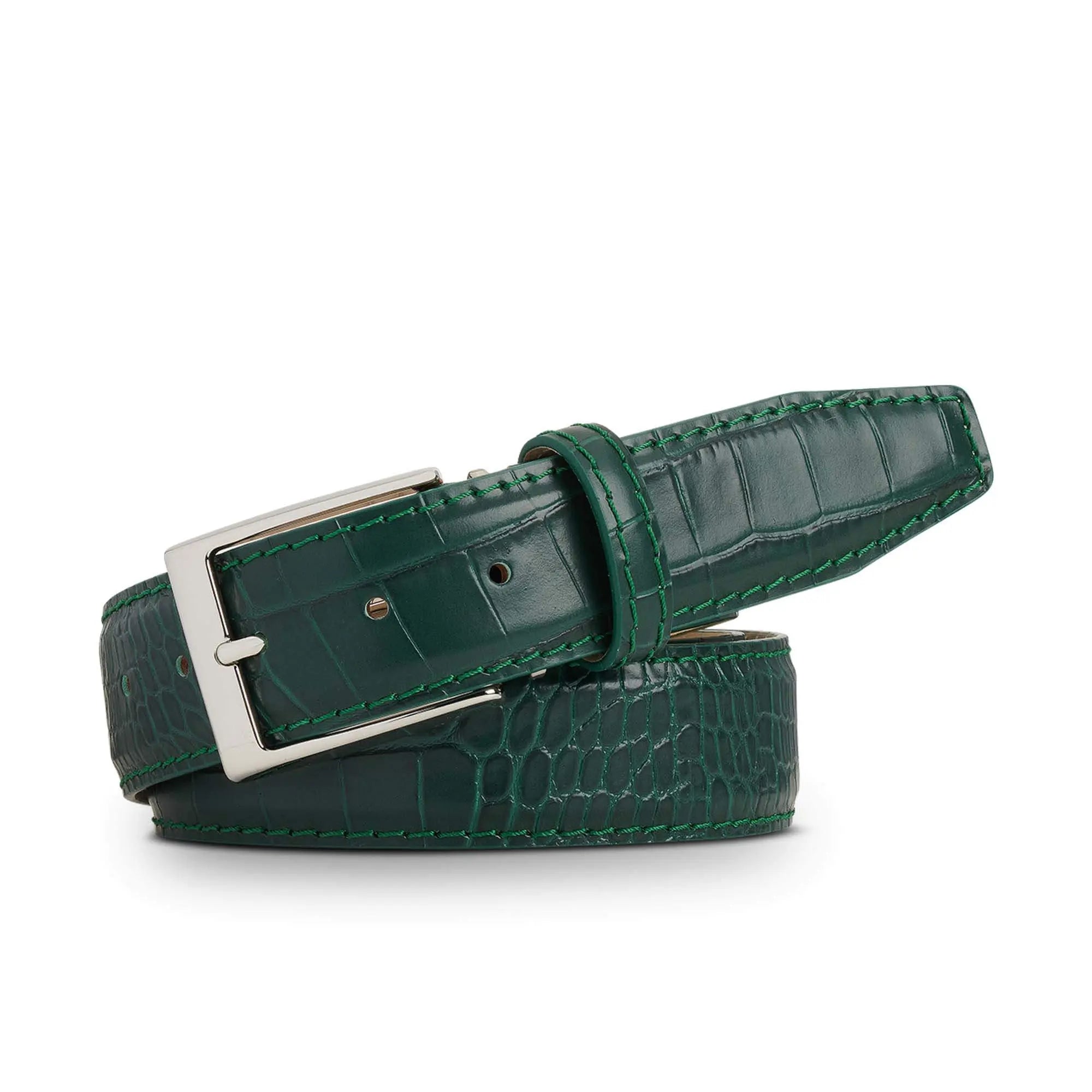 Emerald Mock Croc Leather Belt by Roger Ximenez: Bespoke Belts and Leather Accessories, handmade leather goods detail photo 2