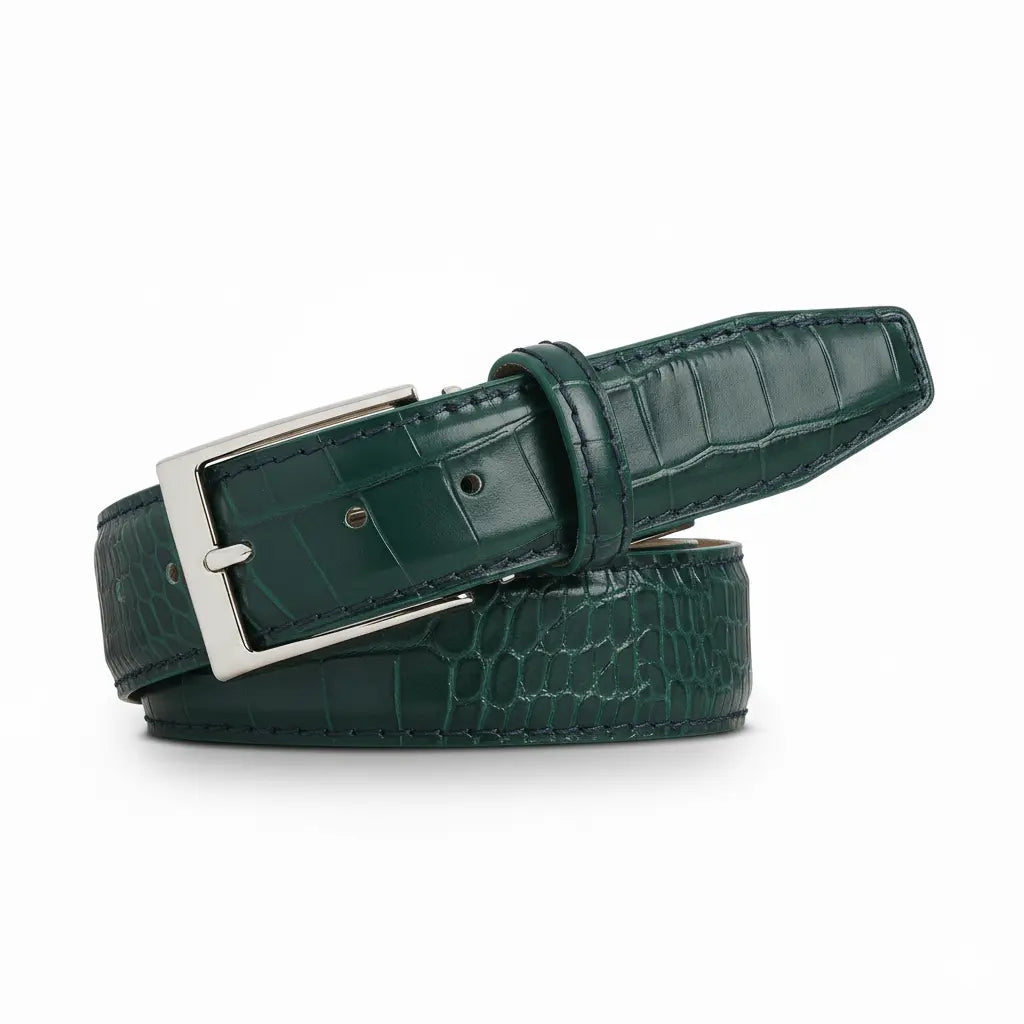 Emerald Mock Croc Leather Belt by Roger Ximenez: Bespoke Belts and Leather Accessories, handmade leather goods detail photo 3