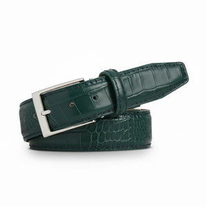 Emerald Mock Croc Leather Belt by Roger Ximenez: Bespoke Belts and Leather Accessories, handmade leather goods detail photo 3