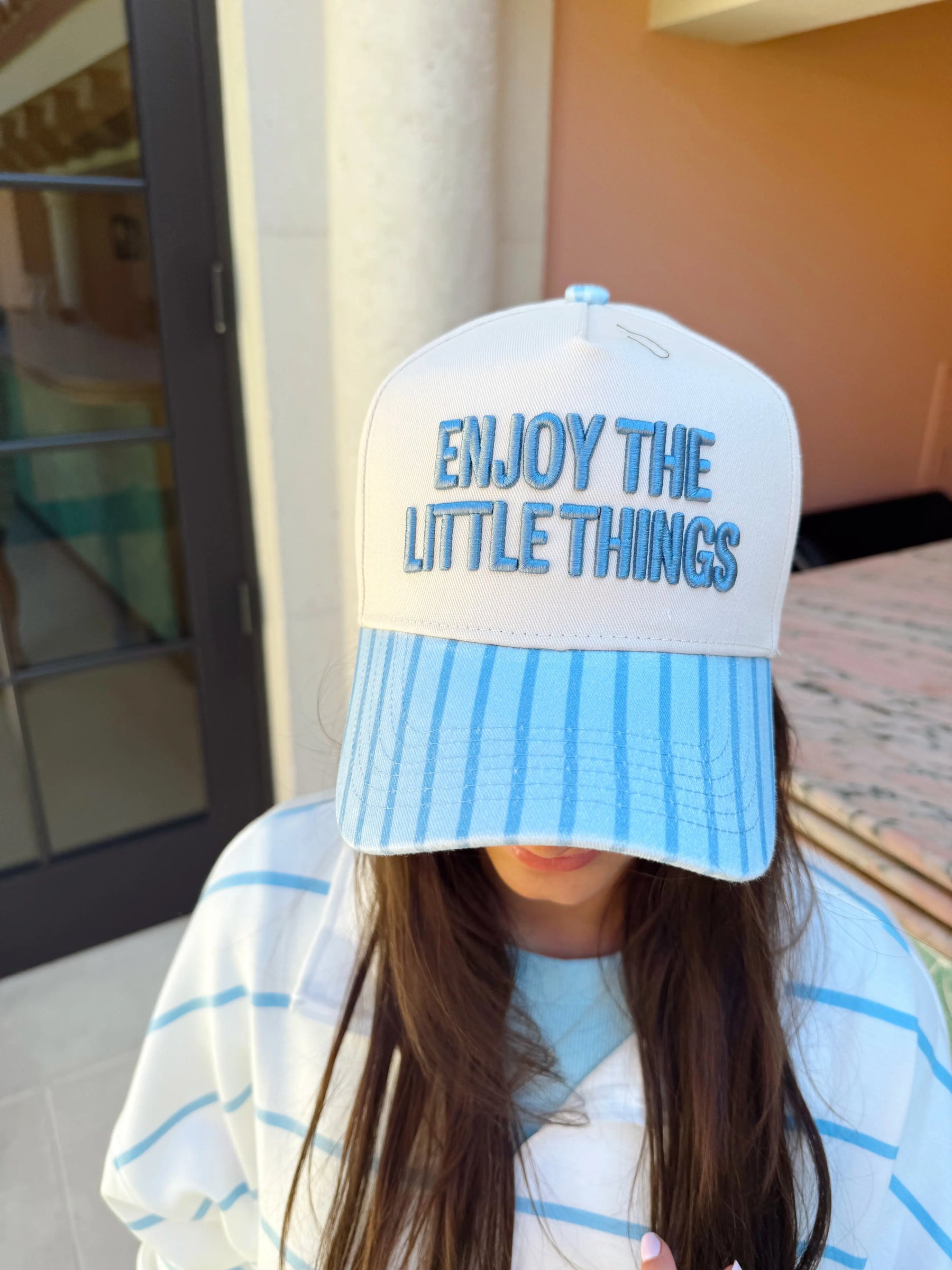 Enjoy the Little Things - Blue Stripe Vintage Trucker Hat by KenzKustomz, Southern lifestyle apparel detail photo 2