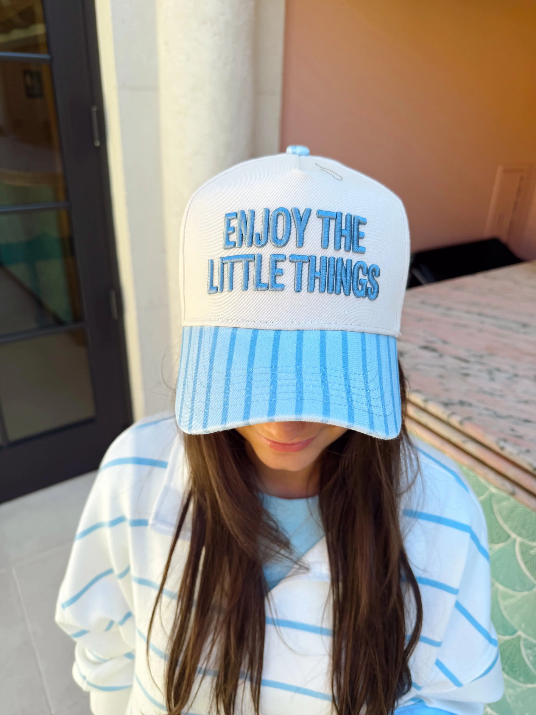 Enjoy the Little Things - Blue Stripe Vintage Trucker Hat by KenzKustomz, Southern lifestyle apparel detail photo 7