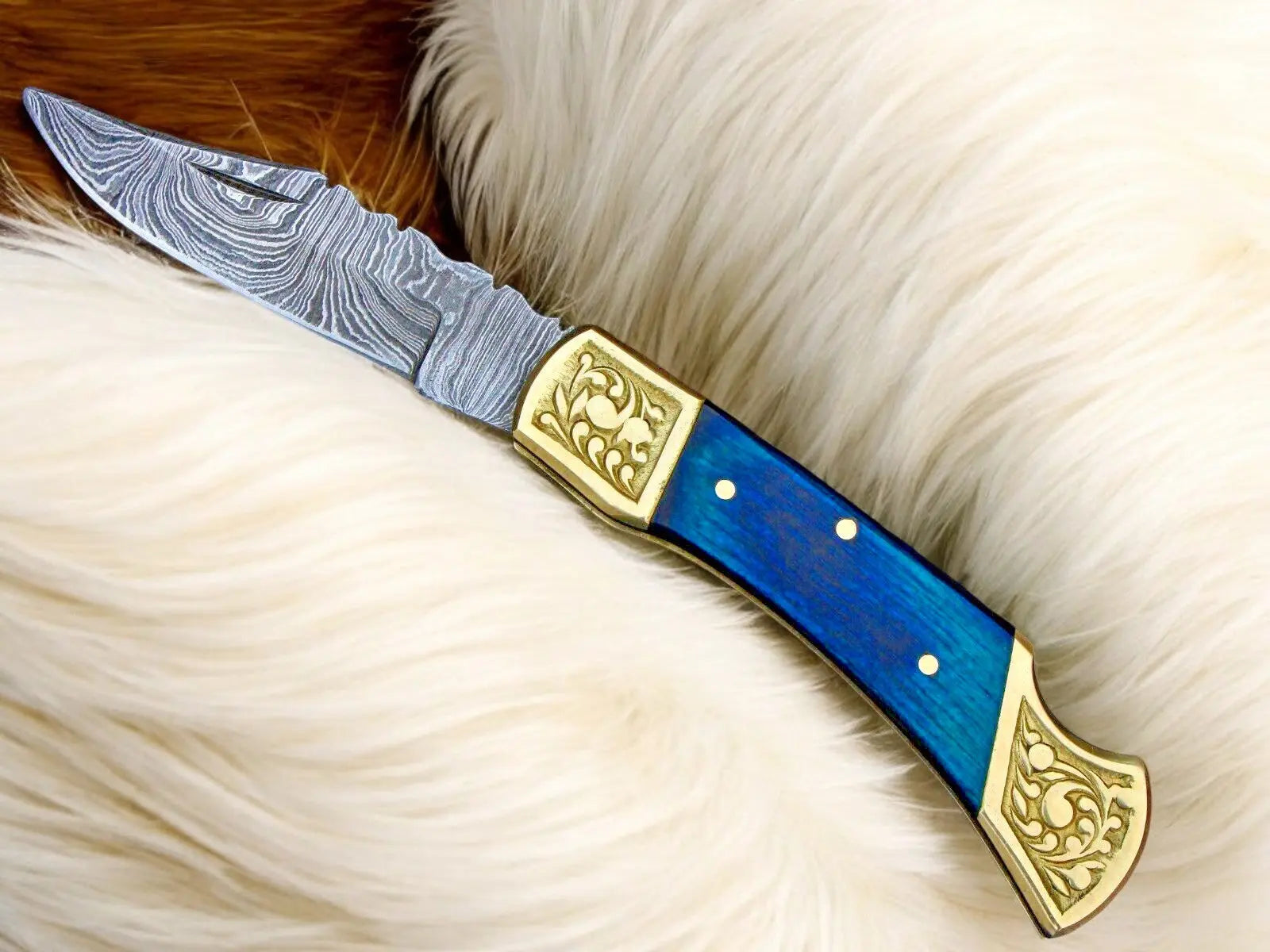 Exotic Blue Wood Damascus Pocket Knife | Back Lock by Damascus Knife Store, Damascus knife main product photo